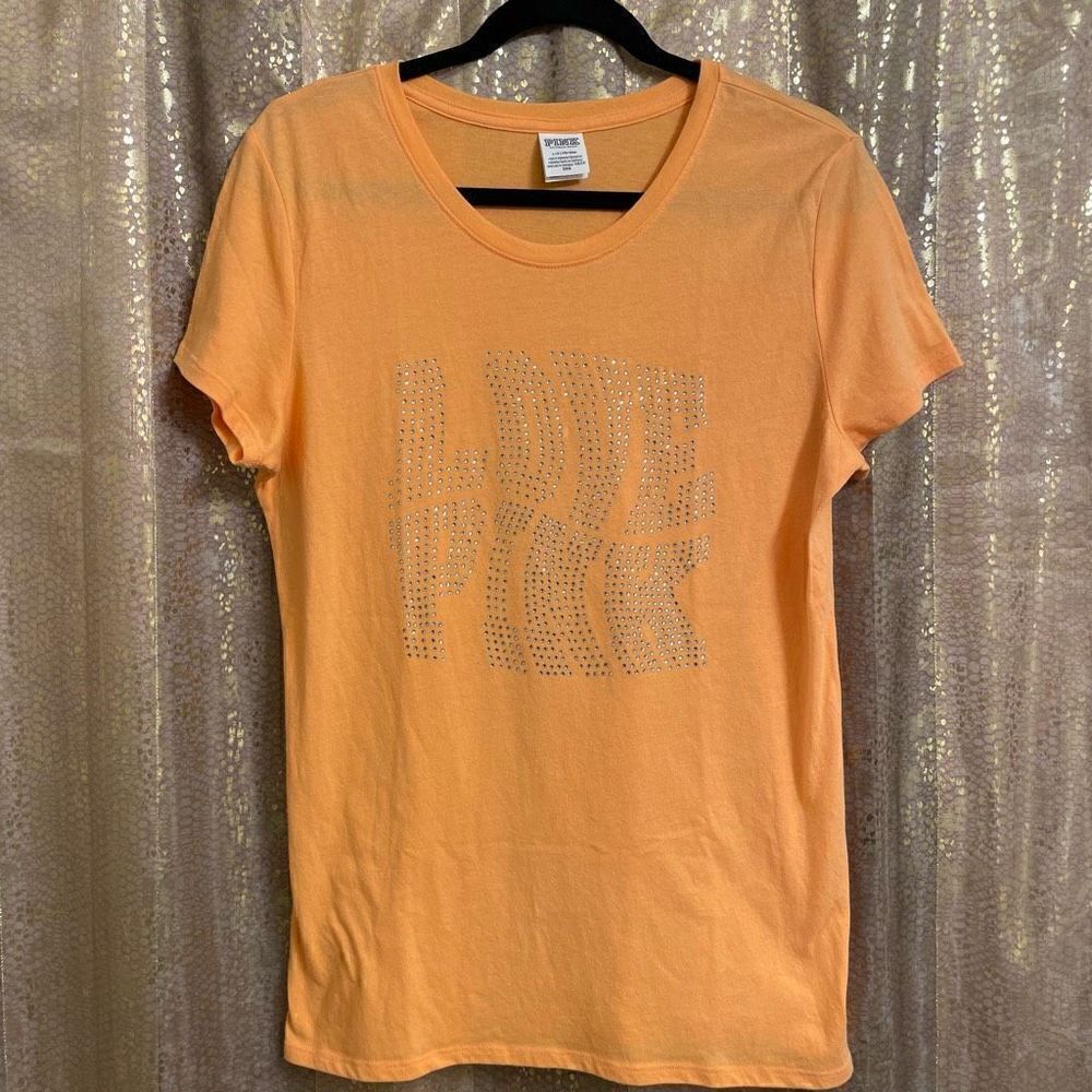 PINK Victorias Secret Orange Shine Rhinestone Bling Love Pink Top, Large